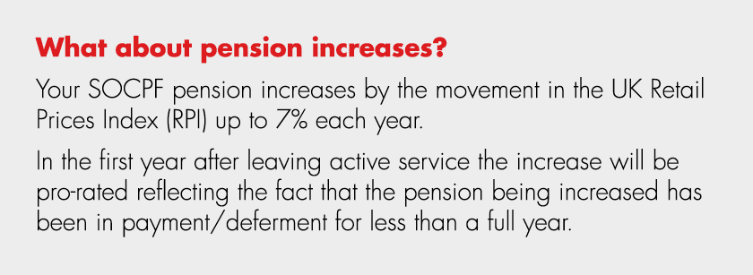 What about pension increases? Your SOCPF pension increases by the movement in the UK Retail Prices Index (RPI) up to ...