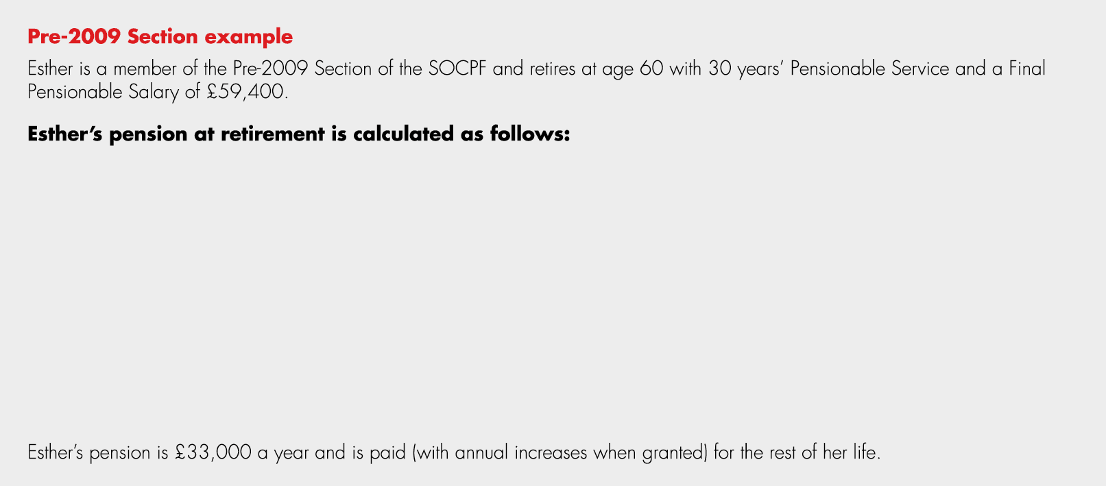 Pre 2009 Section example Esther is a member of the Pre 2009 Section of the SOCPF and retires at age 60 with 30 years’...