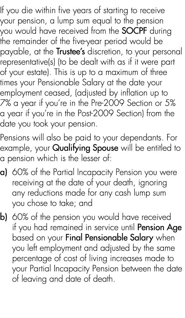 If you die within five years of starting to receive your pension, a lump sum equal to the pension you would have rece...