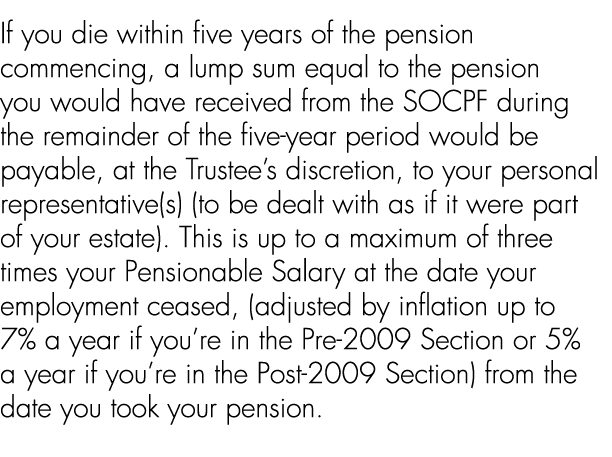 If you die within five years of the pension commencing, a lump sum equal to the pension you would have received from ...