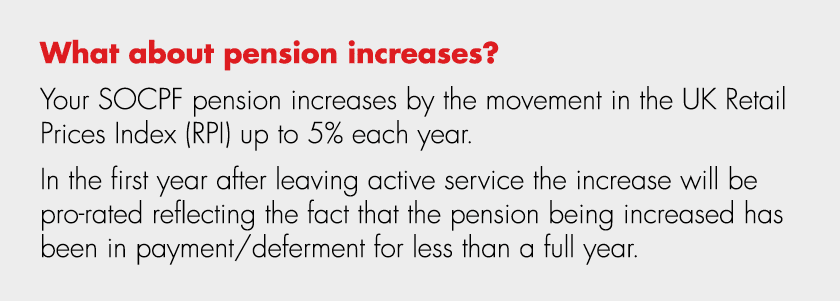 What about pension increases? Your SOCPF pension increases by the movement in the UK Retail Prices Index (RPI) up to ...