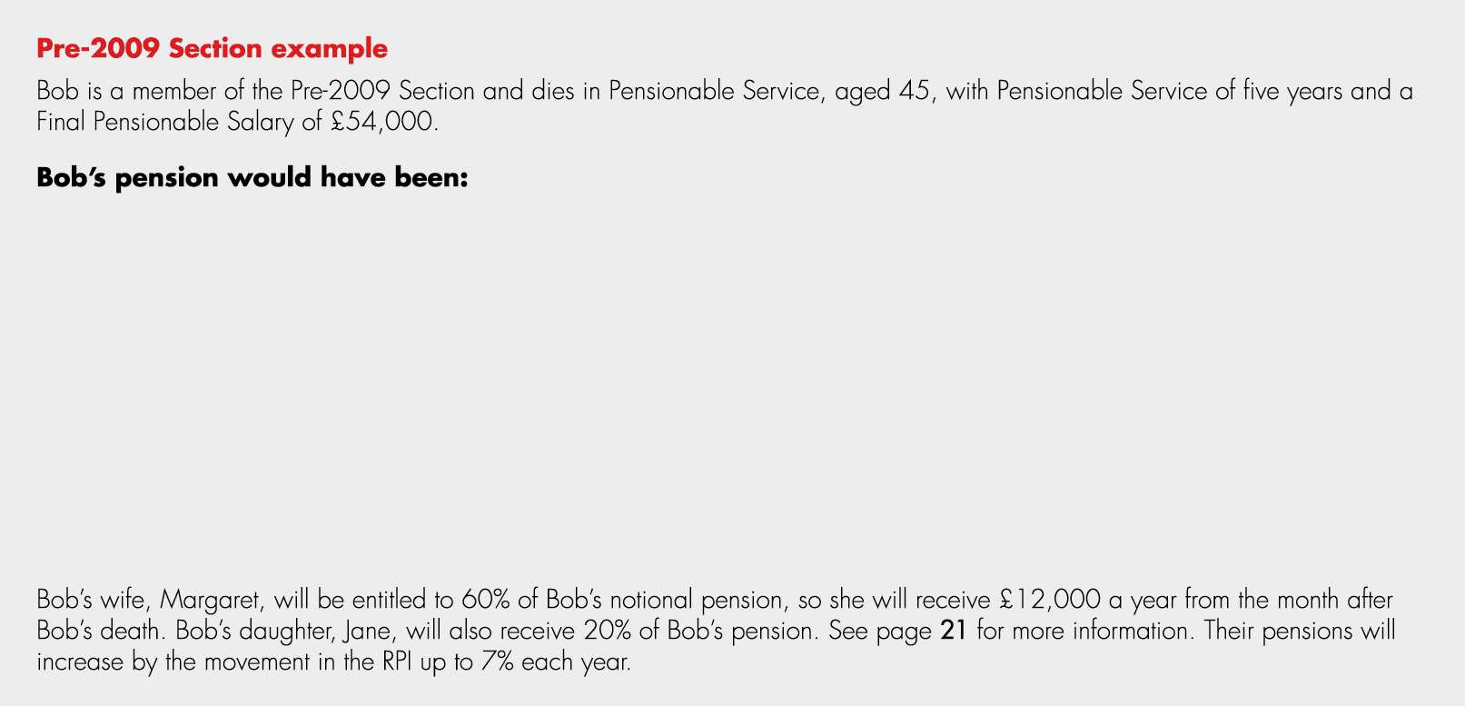 Pre 2009 Section example Bob is a member of the Pre 2009 Section and dies in Pensionable Service, aged 45, with Pensi...